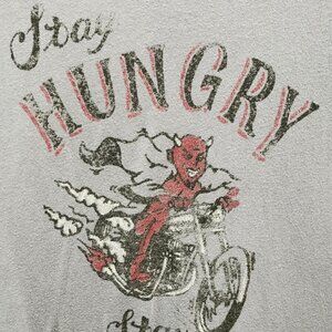 LUCKY BRAND GREY STAY HUNGRY STAY FOOLISH DEVIL ON MOTOCYCLE SIZE LARGE